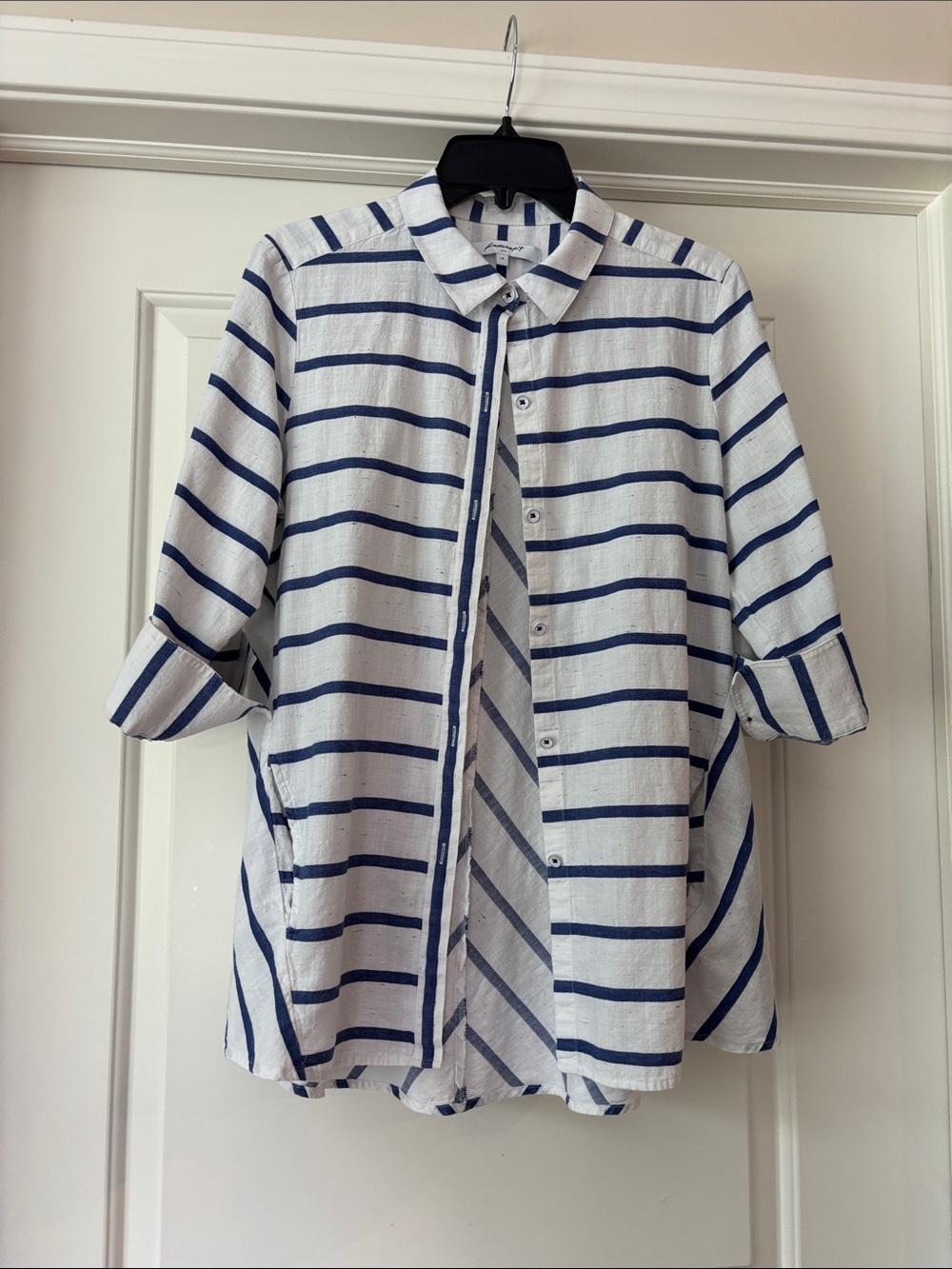 Foxcroft White and Navy Striped Button-Front Blouse